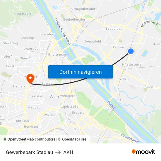 Gewerbepark Stadlau to AKH map