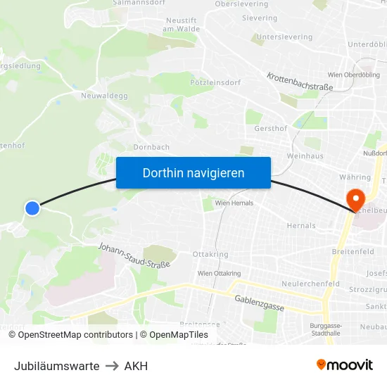 Jubiläumswarte to AKH map