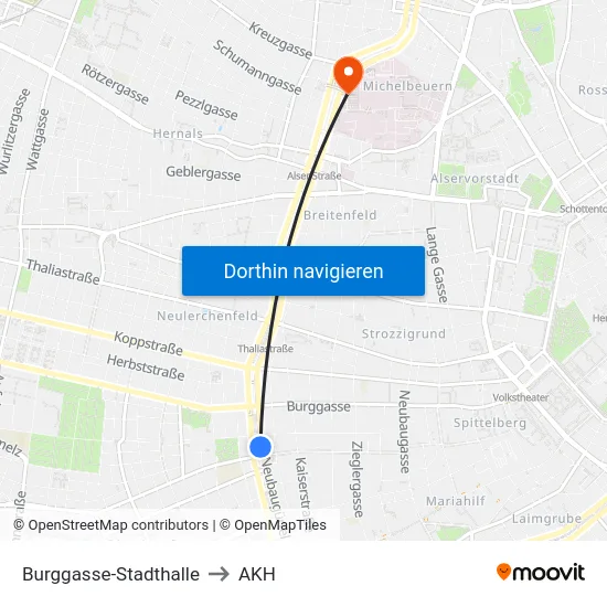 Burggasse-Stadthalle to AKH map