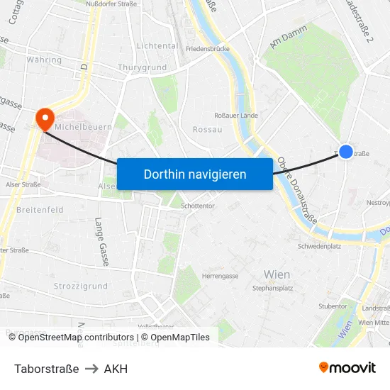 Taborstraße to AKH map