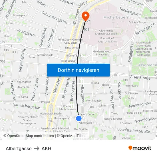 Albertgasse to AKH map