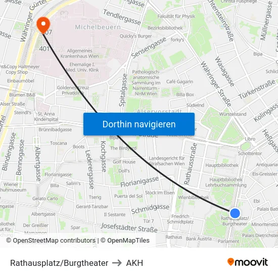 Rathausplatz/Burgtheater to AKH map