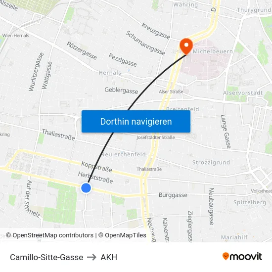 Camillo-Sitte-Gasse to AKH map