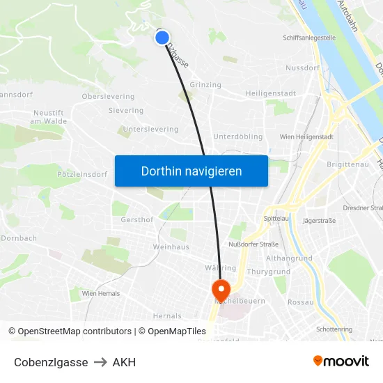 Cobenzlgasse to AKH map