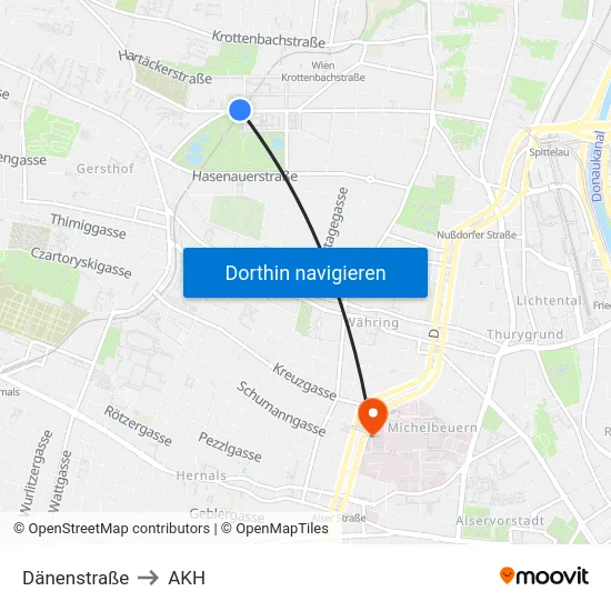Dänenstraße to AKH map