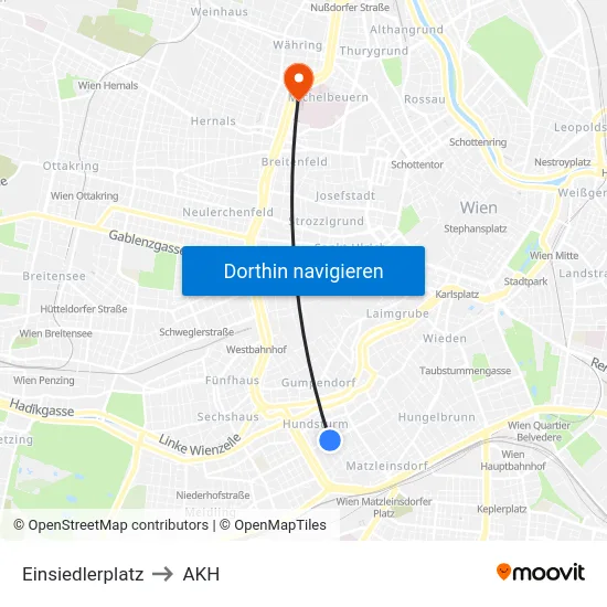 Einsiedlerplatz to AKH map