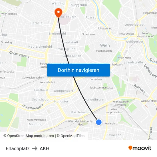 Erlachplatz to AKH map