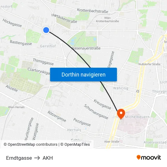 Erndtgasse to AKH map