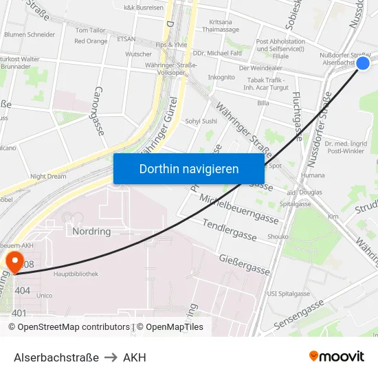Alserbachstraße to AKH map