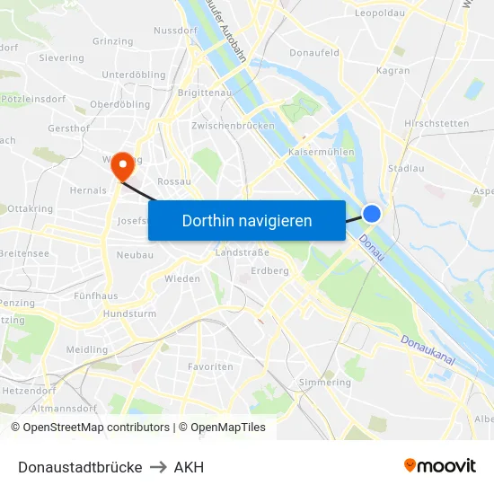 Donaustadtbrücke to AKH map