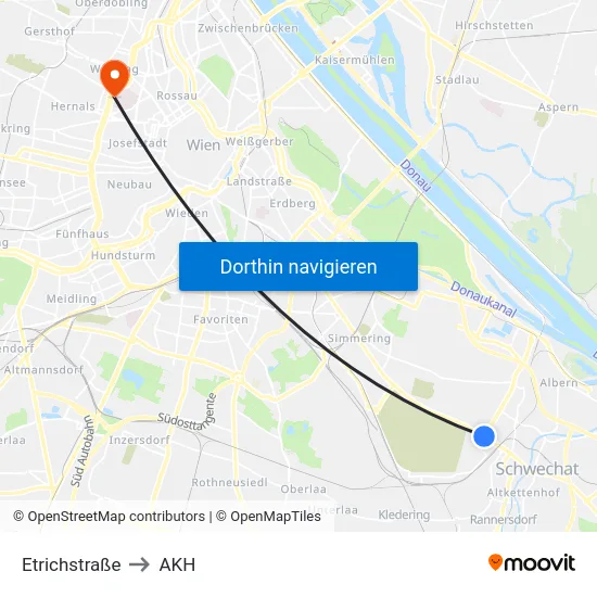 Etrichstraße to AKH map