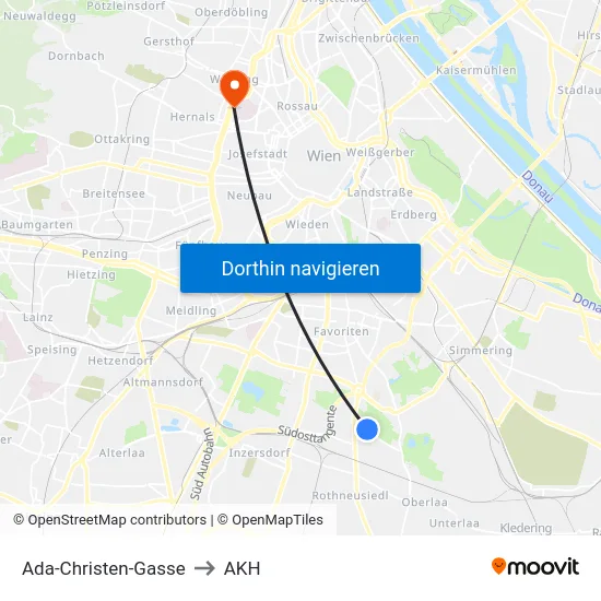 Ada-Christen-Gasse to AKH map