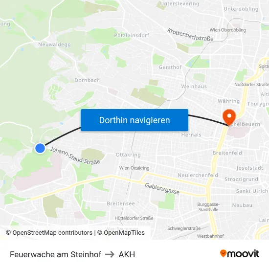 Feuerwache am Steinhof to AKH map