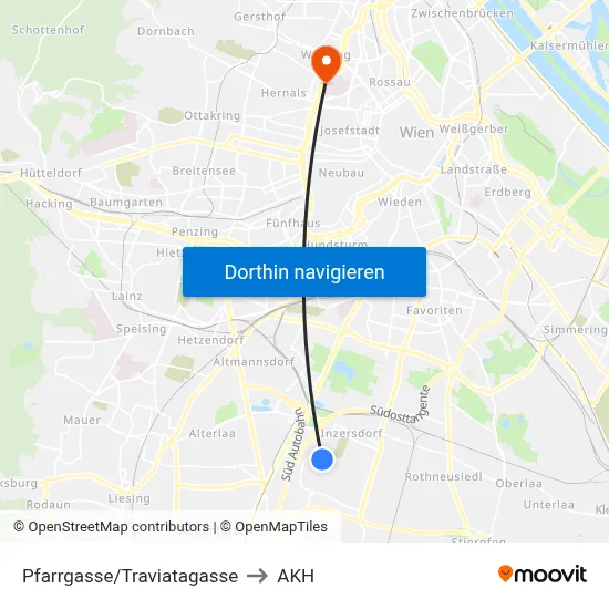 Pfarrgasse/Traviatagasse to AKH map