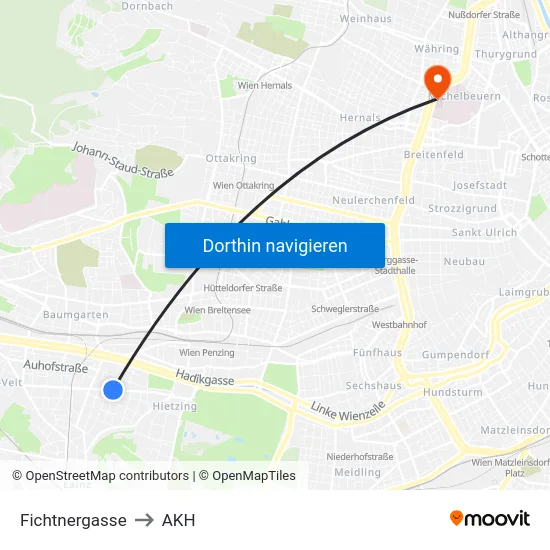 Fichtnergasse to AKH map