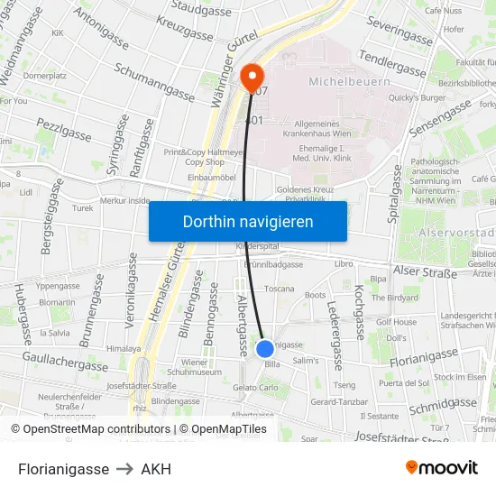 Florianigasse to AKH map