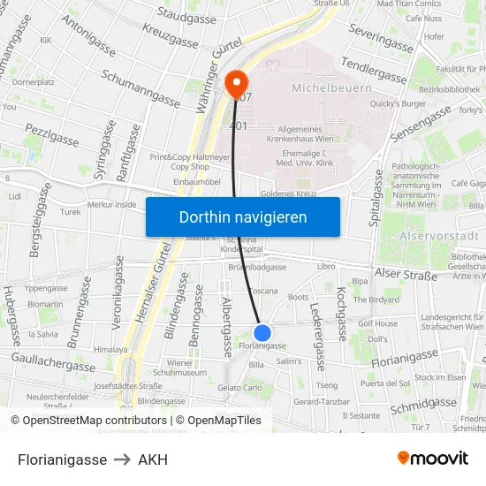 Florianigasse to AKH map