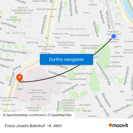 Franz-Josefs-Bahnhof to AKH map