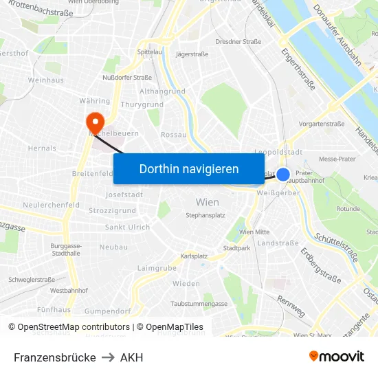Franzensbrücke to AKH map