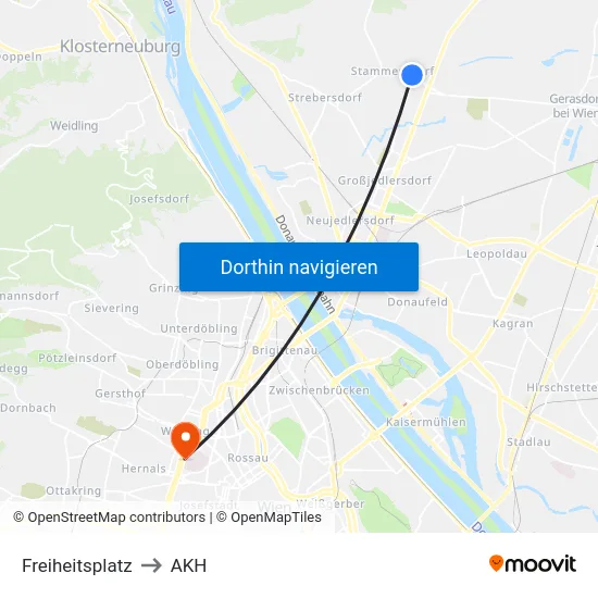 Freiheitsplatz to AKH map
