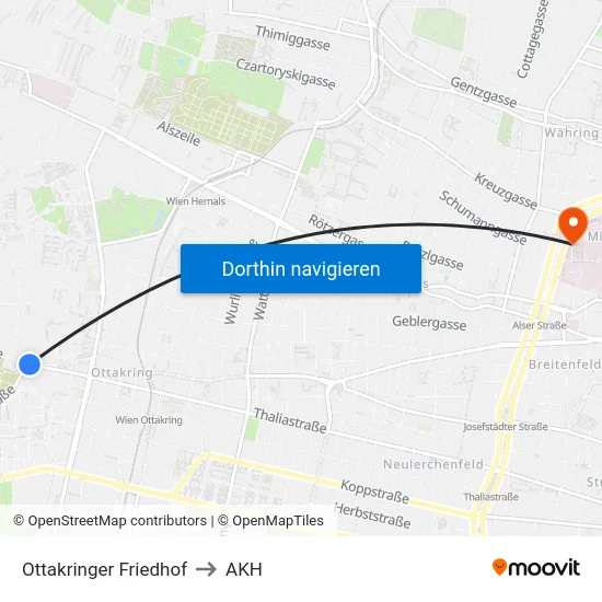 Ottakringer Friedhof to AKH map