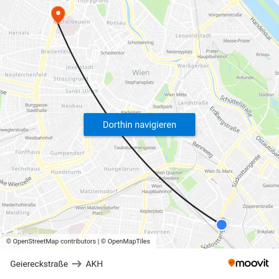 Geiereckstraße to AKH map