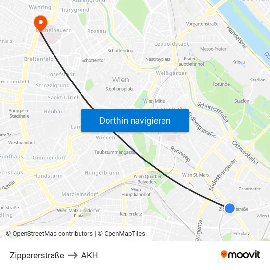 Zippererstraße to AKH map