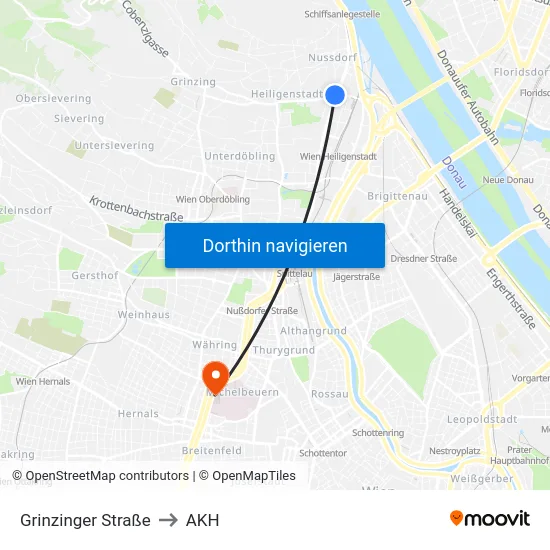 Grinzinger Straße to AKH map