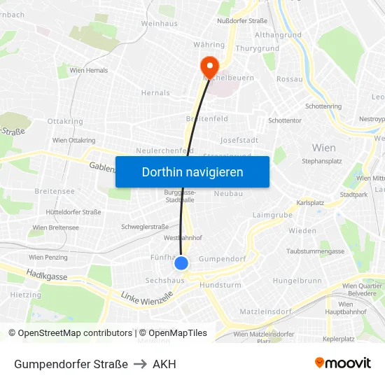 Gumpendorfer Straße to AKH map
