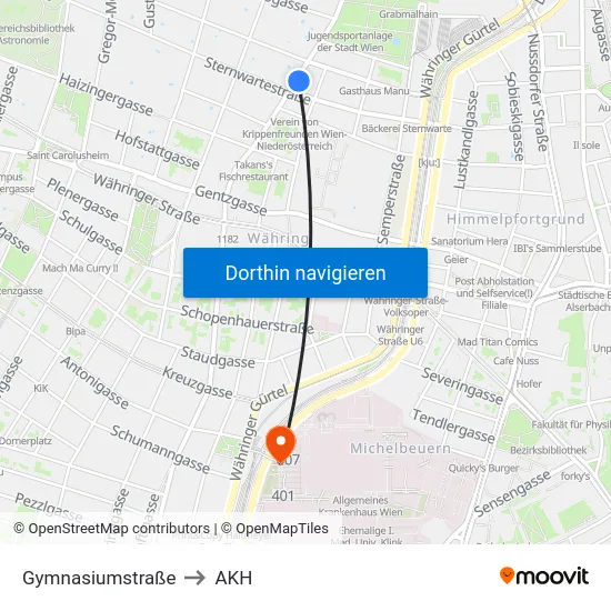 Gymnasiumstraße to AKH map
