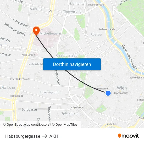 Habsburgergasse to AKH map
