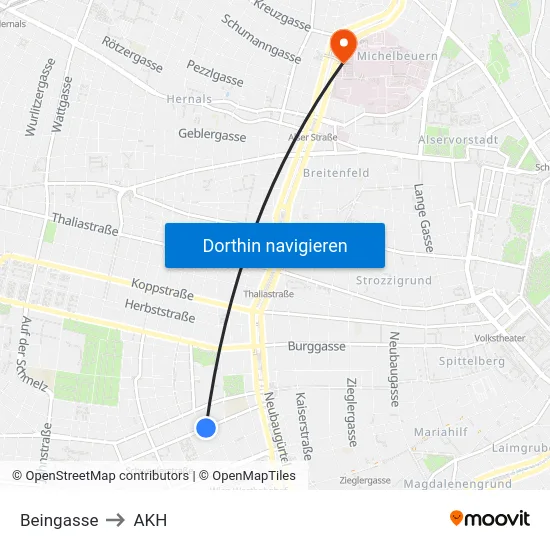 Beingasse to AKH map