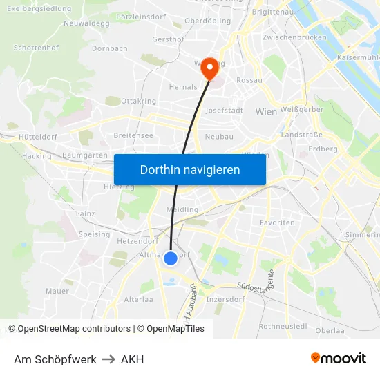 Am Schöpfwerk to AKH map