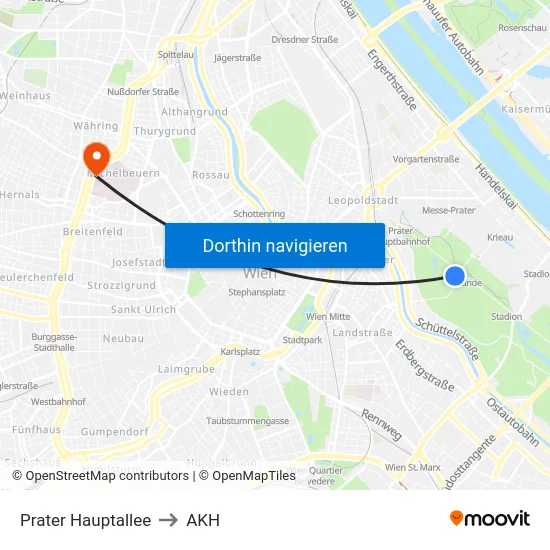 Prater Hauptallee to AKH map