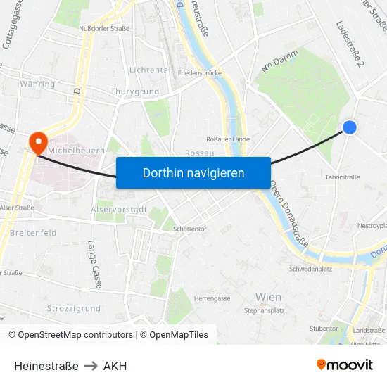 Heinestraße to AKH map