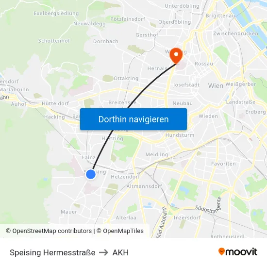 Speising Hermesstraße to AKH map