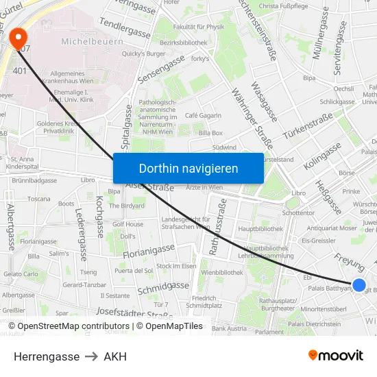 Herrengasse to AKH map