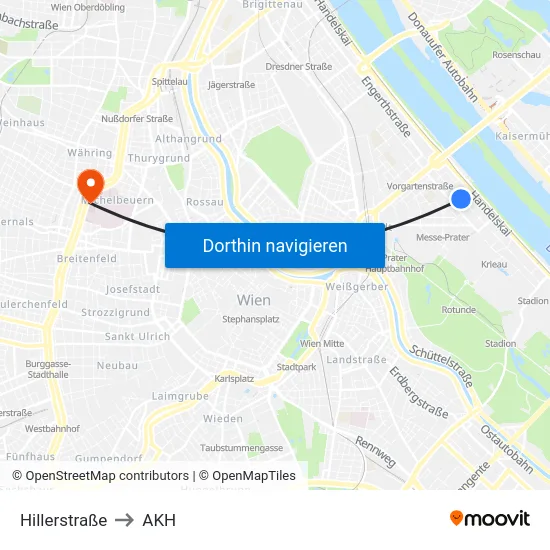 Hillerstraße to AKH map