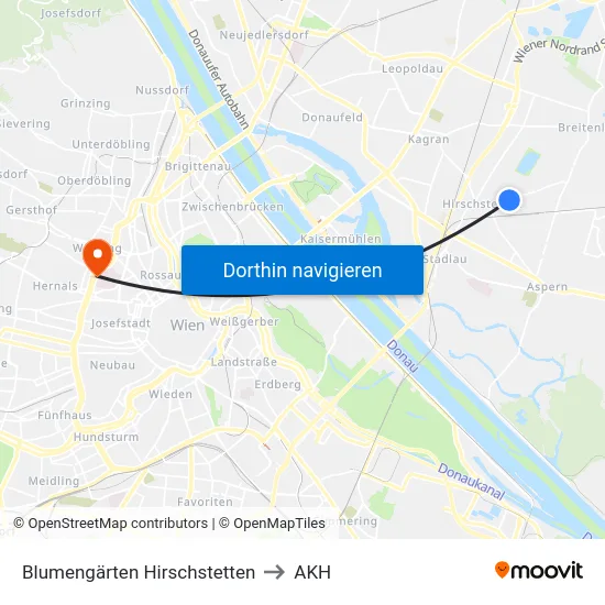 Blumengärten Hirschstetten to AKH map