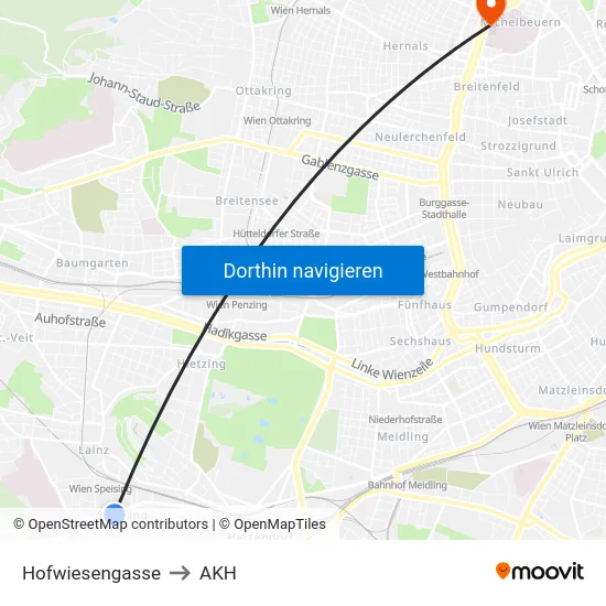 Hofwiesengasse to AKH map