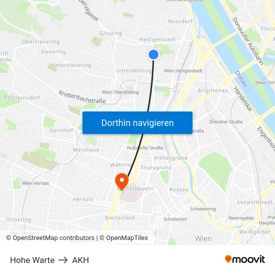 Hohe Warte to AKH map