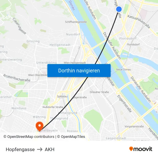 Hopfengasse to AKH map