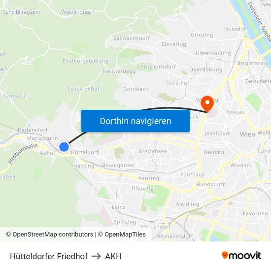 Hütteldorfer Friedhof to AKH map