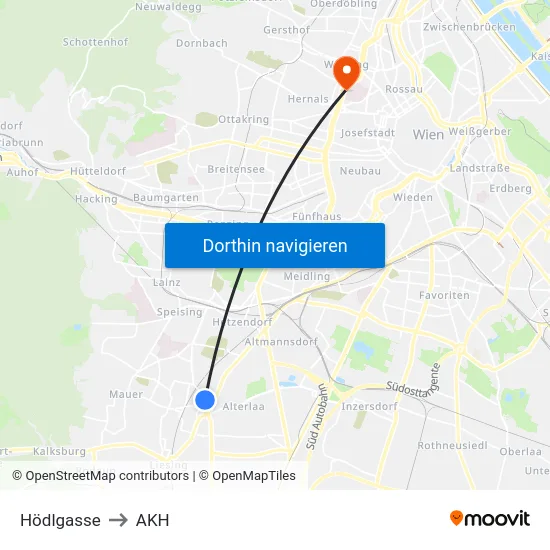 Hödlgasse to AKH map