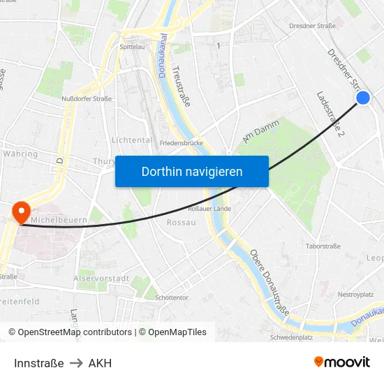 Innstraße to AKH map
