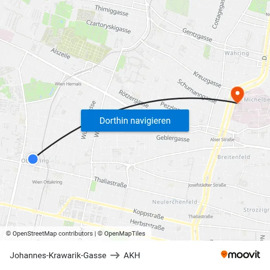 Johannes-Krawarik-Gasse to AKH map