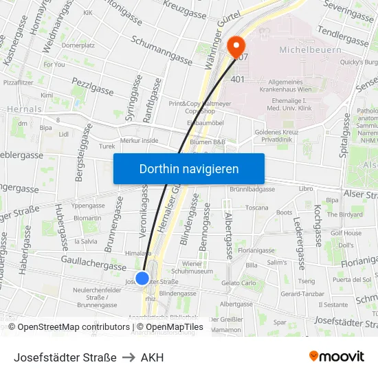 Josefstädter Straße to AKH map
