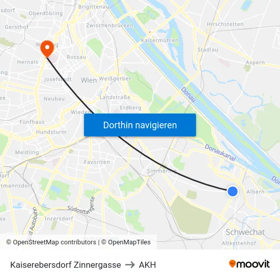 Kaiserebersdorf Zinnergasse to AKH map