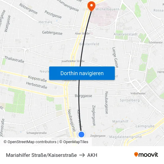 Mariahilfer Straße/Kaiserstraße to AKH map