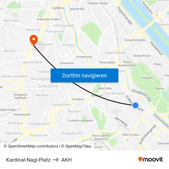 Kardinal-Nagl-Platz to AKH map